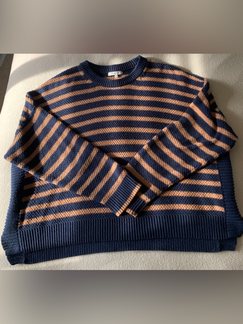Madewell Navy and Tan Striped Crewneck Sweater